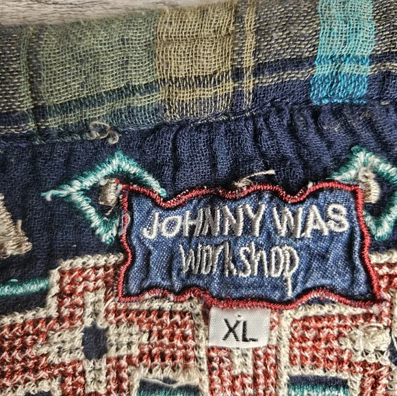 Johnny Was Workshop XL Blue Green Plaid Heavy Embroidery Aztec Western - Picture 7 of 16